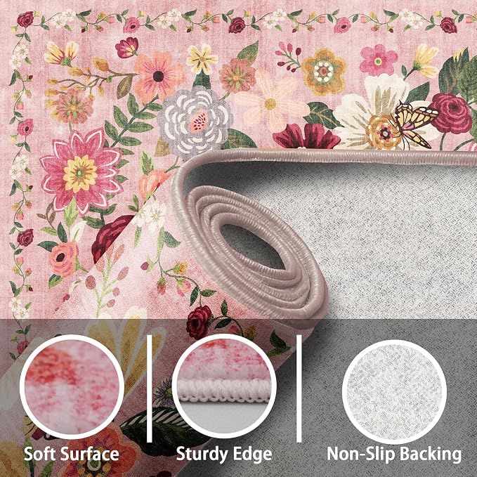 Floral Machine Washable Rug Pink, 3x5 Rug Non Slip Soft Bedroom Rugs - Image 3