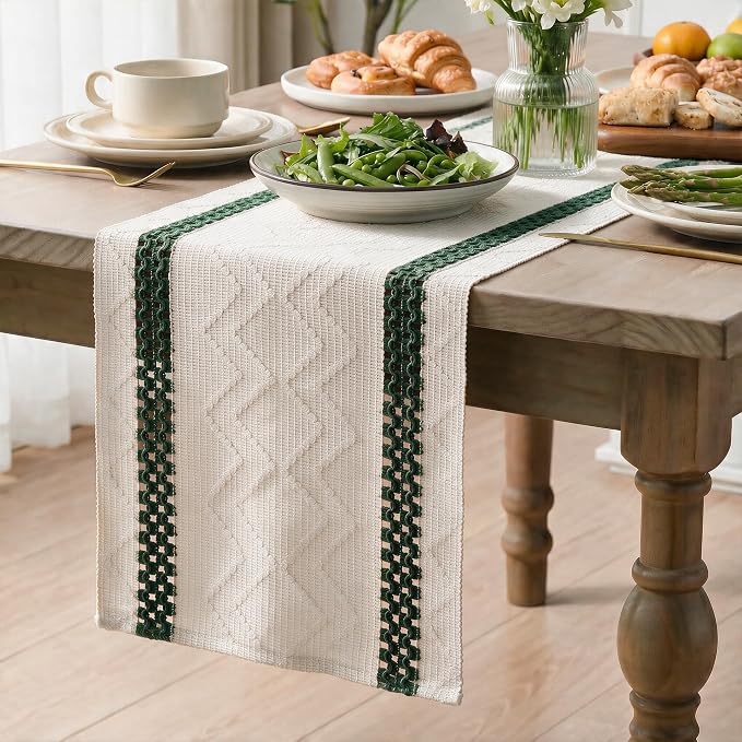 Artoid Mode Forest Green Stripe Woven Rustic Table Runner 12x108 Inch | Holiday - Image 3