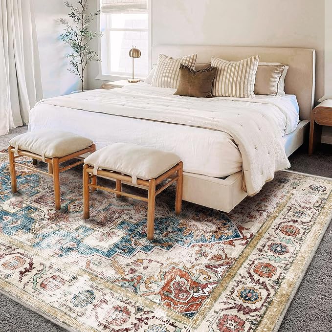 CHAMPLANT Beige Blue Washable Area Rug 8'x10' Boho Chic Medallion Distressed - Image 3