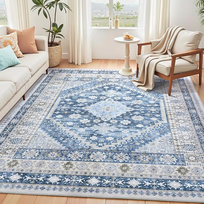 5x7 Blue Area Rugs, Washable Living Room Rug, Vintage Boho Carpet, Non Slip & by Carpelux