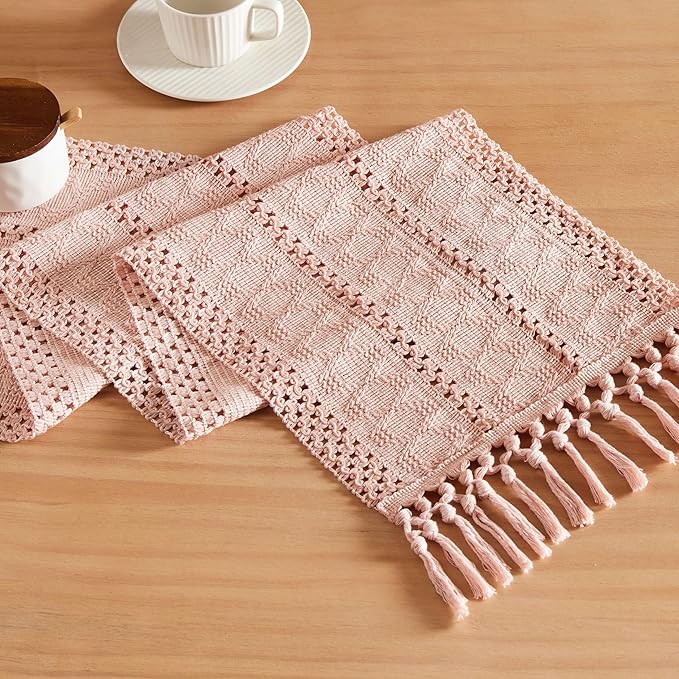 Macrame Style Boho Table Runner, 12x60 Inch Light Pink | Woven Boho Table Runner by ZEEMARTONLINE