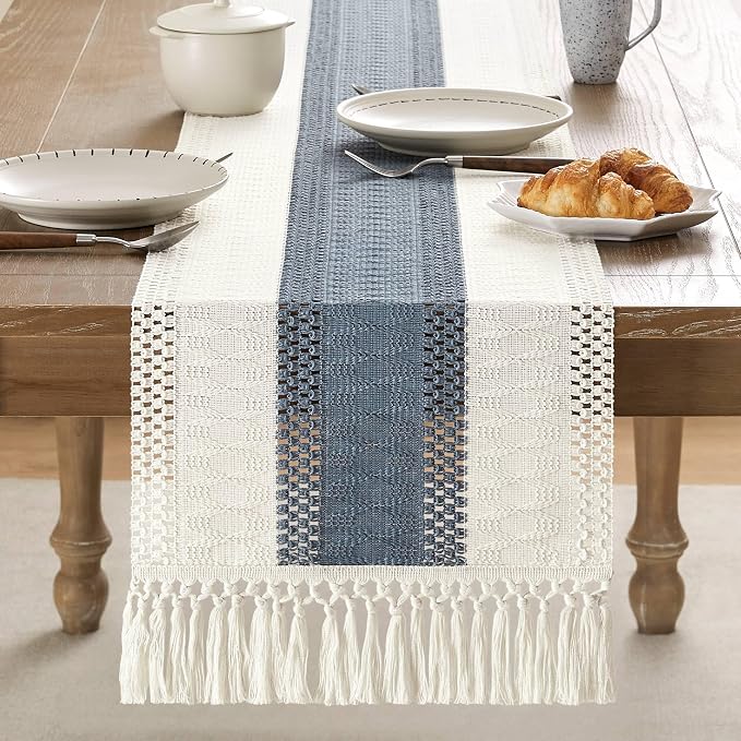 Macrame Style Bicolor Stitching Table Runner 14x60in Navy | Woven Boho Table - Image 2