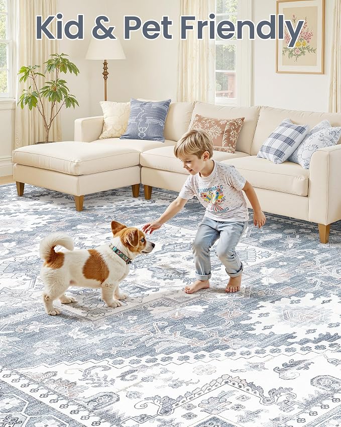 5x8 Vintage Area Rug: Washable Neutral Soft Non Slip Thin Large Floor Carpet - Image 7