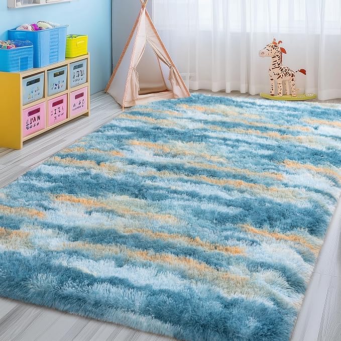 Fluffy Rugs for Living Room Bedroom, 5x7 Feet Abstract Blue Shag Area Rugs - Image 3