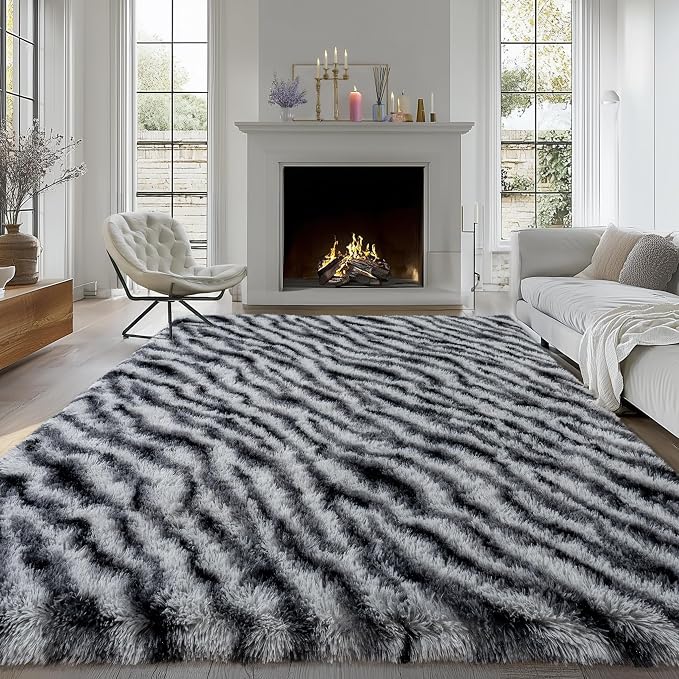 Fluffy Rugs for Bedroom Living Room, 4x6 Feet Zebra Black and White Shag Area - Image 4