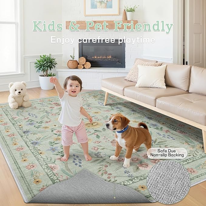 Green Floral Rug for Girls, 6x9 Washable Botanical Bedroom Rug for Nursery - Image 5