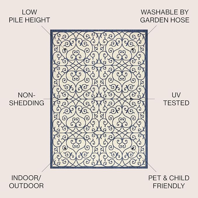 JONATHAN Y Vintage Filigree Indoor Outdoor Area Rug 3X5 Navy/Beige, Madrid - Image 2