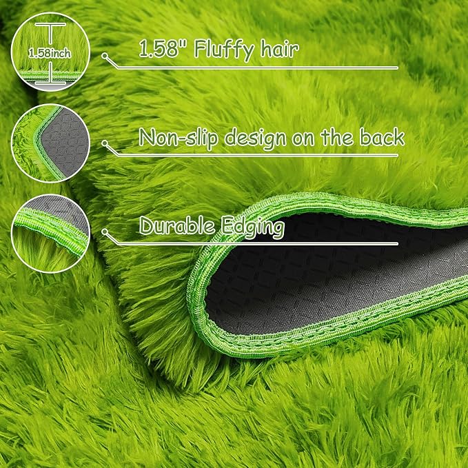 Grass Green Tie Dyed Rug 2x8 ft Plush High Pile Shag Carpet Fluffy Soft Runner - Image 4