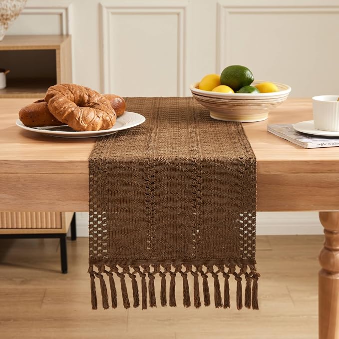Macrame Style Boho Table Runner, 12x108 Inch Caramel | Woven Boho Table Runner - Image 2