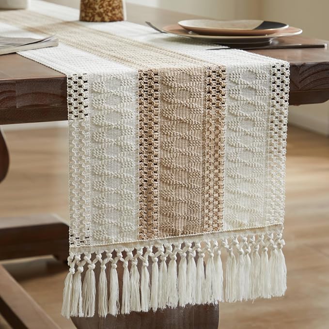 Macrame Style Bicolor Stitching Table Runner 14x48in Taupe | Woven Boho Table - Image 7
