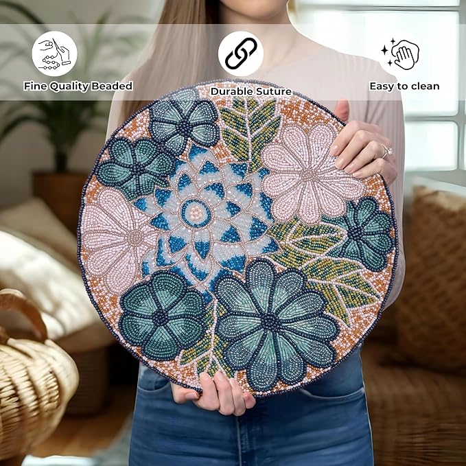 13" Flower Beaded Placemats, Teal Multi, Round Dining Table Mat | Flower Beaded - Image 6