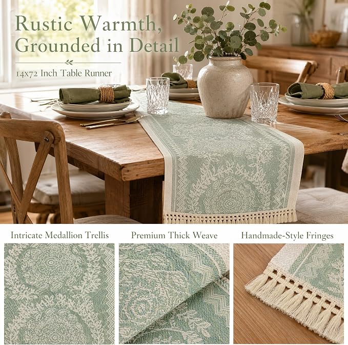 14x95 Medallion Table Runner Waterproof Rustic Farmhouse Macrame | Hosting a - Image 3
