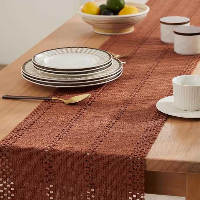Macrame Style Boho Table Runner, 12x36 Inch Terracotta | Woven Boho Table Runner - Image 5