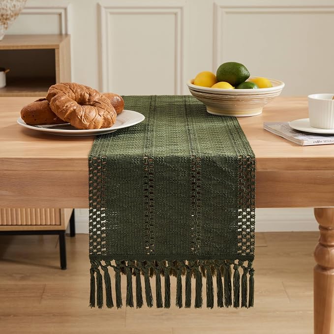 Macrame Style Boho Table Runner, 12x36 Inch Olive | Woven Boho Table Runner - Image 2