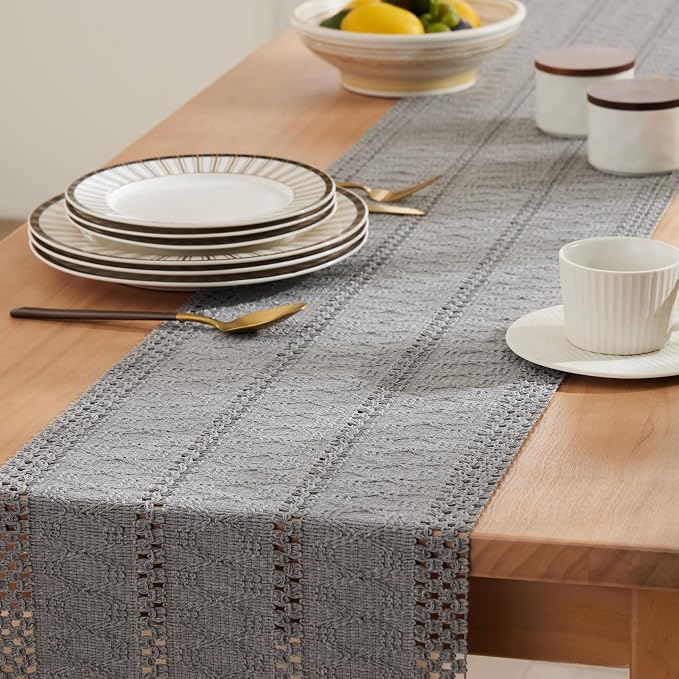 Macrame Style Boho Table Runner, 12x36 Inch Grey | Woven Boho Table Runner - Image 5