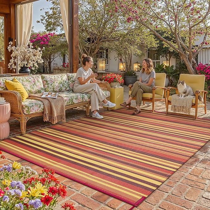 Outdoor Plastic Straw Rug Waterproof Patio 9x18 Red Orange Stripe Mat by WondRg