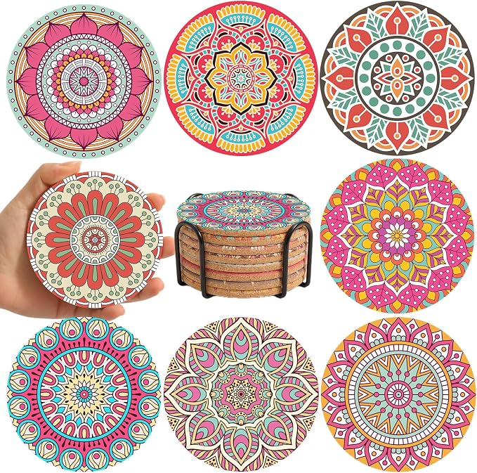 Cork Coasters Set of 8 for Drink, Colorful Cups Coasters by Puluole