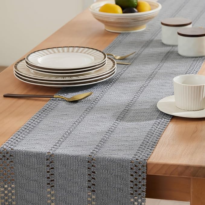 Macrame Style Boho Table Runner, 12x48 Inch Light Blue Grey | Woven Boho Table - Image 5