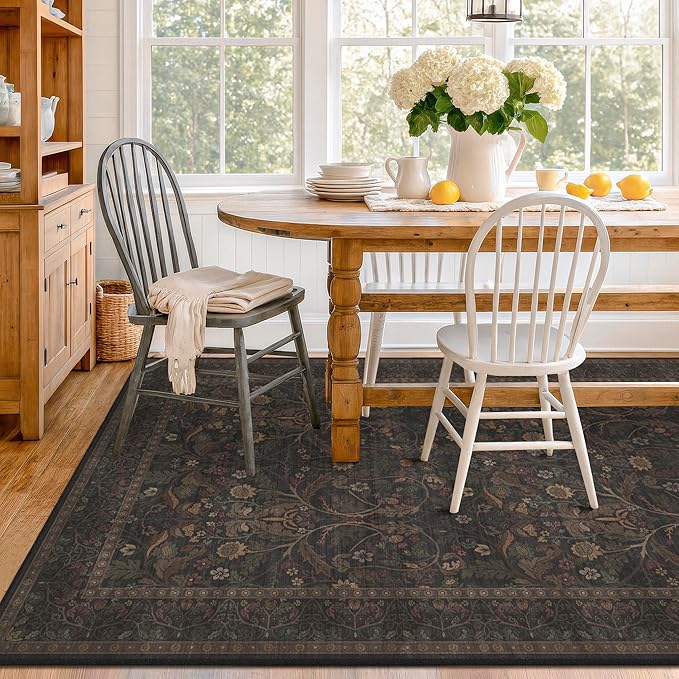 6x8 Washable Area Rugs for Living Room, Dark Brown & Gold Moody Floral Rug - Image 3