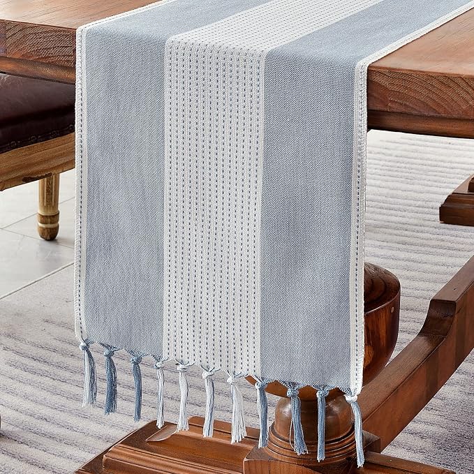 Wracra Linen Table Runner, Stripe Table Runners 48 Inches Long Blue | Delicate by Wracra