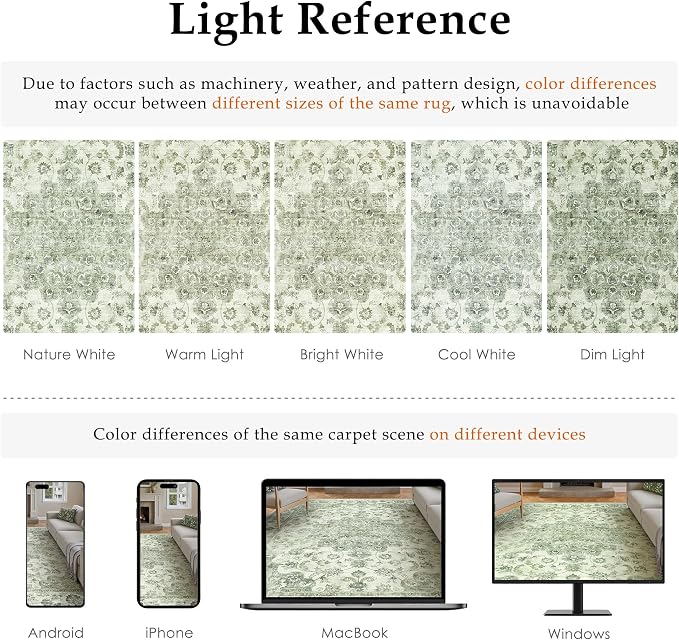 2x5 Washable Neutral Runner Rug Green Vintage Hallway Kitchen Carpet Non-Slip - Image 9