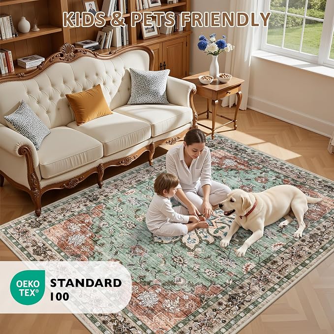 Area Rugs 10x12 Living Room Rug: Washable Rug Soft Vintage Distressed Floral - Image 8