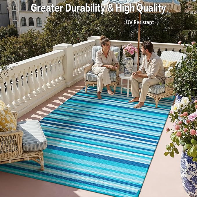 Outdoor Plastic Straw Rug Waterproof Patio 10x14 Blue Teal Stripe Mat - Image 5