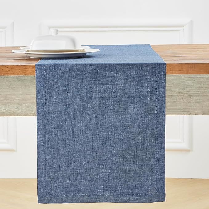 Solino Home 100% Linen Table Runner Blue Denim Woven, Athena 14 x 72 in | Table - Image 2