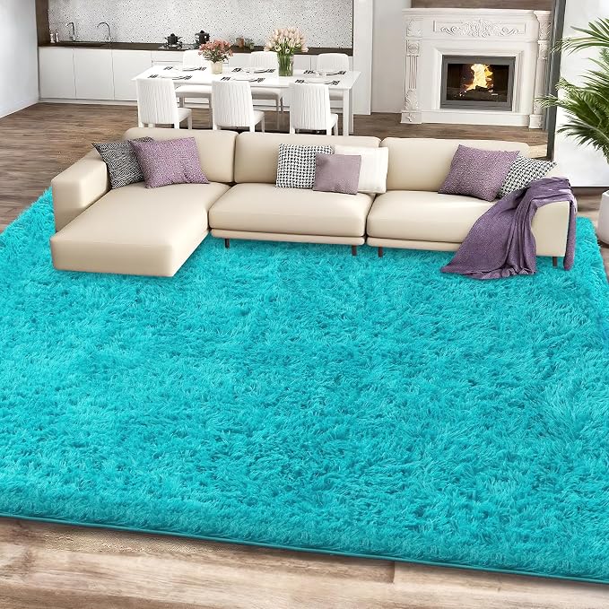 8x10 Teal Shag Area Rugs for Living Room, Large Fluffy Shaggy Rug for Bedroom by Unknown