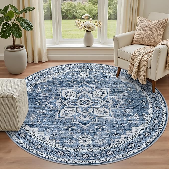 Round Area Rug for Living Room: 6ft Washable Vintage Boho Soft Thin Circle Rug - Image 2