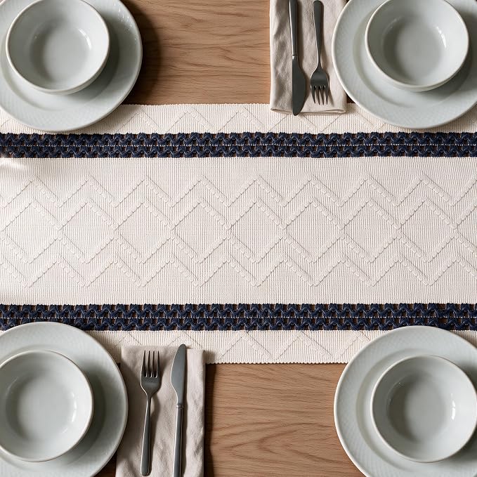 Artoid Mode Dark Blue Stripe Woven Rustic Table Runner 12x90 Inch | Holiday - Image 5