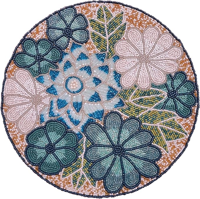 13" Flower Beaded Placemats, Teal Multi, Round Dining Table Mat | Flower Beaded by byHomeDecorativeProduct