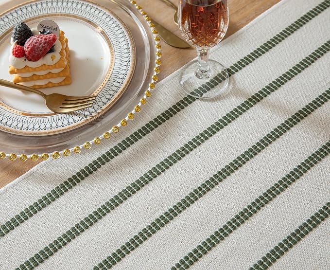 Caflife Boho Table Runner 60 Inchs Long Green and Beige, Cotton and Linen Woven - Image 4