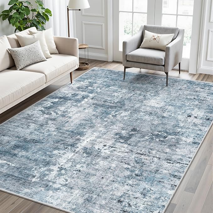 Soalmost Abstract Rug 5x7 Machine Washable Area Indoor Blue Low Pile Non-Slip - Image 2