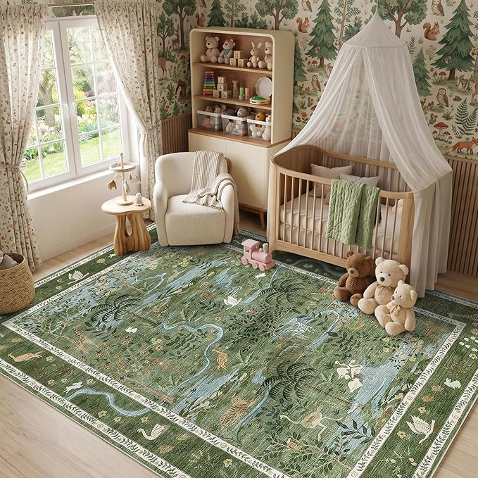 8x10 Washable Rug for Living Room Green Animal Print Large Bedroom Rugs Non - Image 3