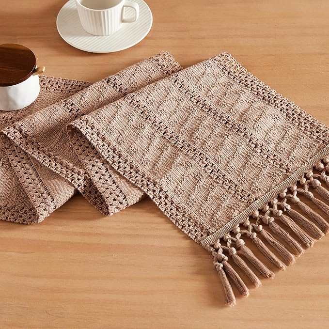 Macrame Style Boho Table Runner, 12x90 Inch Taupe | Woven Boho Table Runner by ZEEMARTONLINE