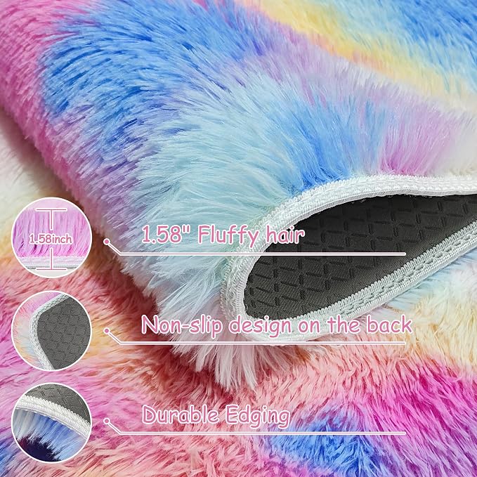 2x3 ft Small Throw Rugs Furry, Non Slip Mini Area Rug, Fluffy Tie-Dyed Rainbow - Image 5