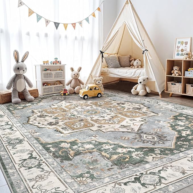 5x7 Washable Area Rug: Vintage Neutral Soft Non Slip Thin Large Floor Carpet - Image 9