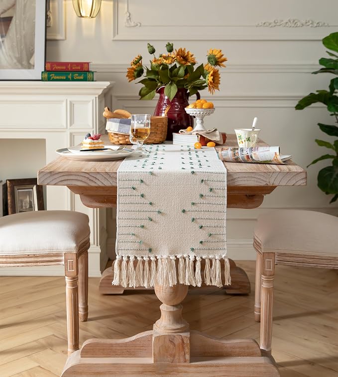 Boho Table Runner 13 x 48 Inch Long Natural Cotton Woven Runner - Image 6