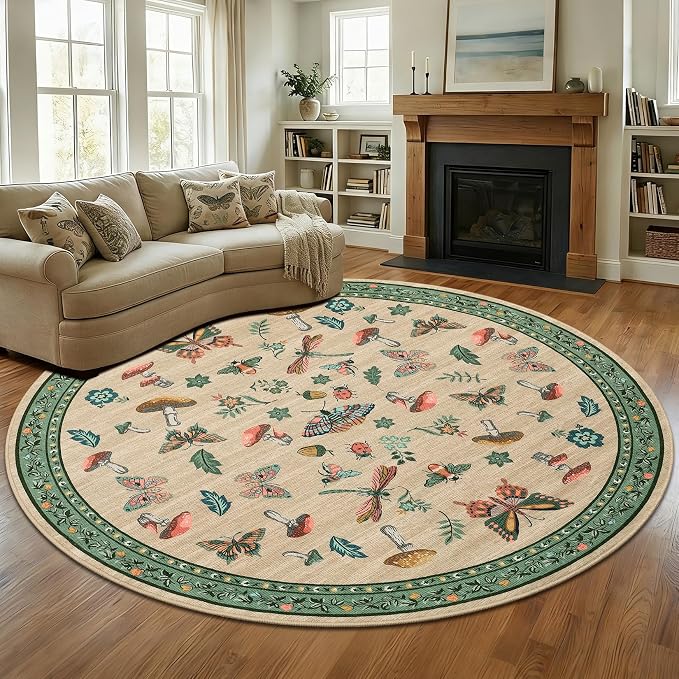 Mushroom Insect 7ft Round Rug Washable Non-Slip Soft Ultra-Thin Large Boho by ROYHOME