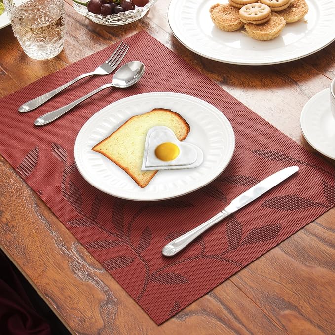SHACOS Woven Vinyl Placemats Set of 8 Red Leaf Pattern Wipeable Place Mats - Image 4