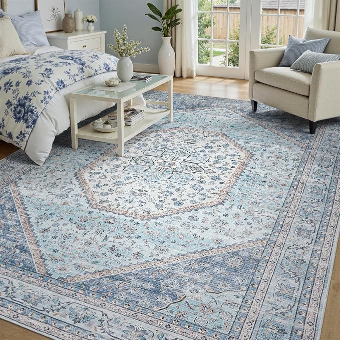DCX Machine Washable Blue and Beige Area Rug 4x6, Non Slip Stain Resistant - Image 2