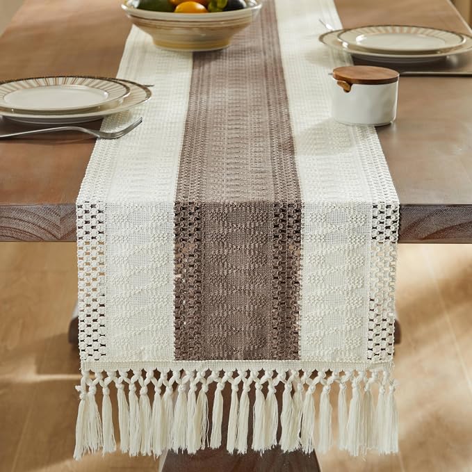 Macrame Style Bicolor Stitching Table Runner 14x48in Cocoa Brown | Woven Boho - Image 3