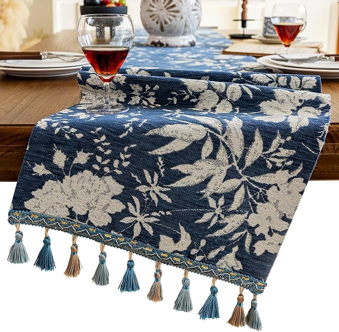 Botanical Jacquard Floral Dining Table Runner Blue 13 x 71 Inch | Jacquard by HomeyHo