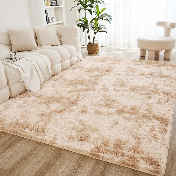 Litanika 3x5 Shag Area Rug for Living Room Bedroom, Tie-Dyed Beige High Pile by Litanika
