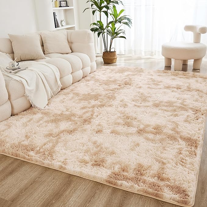 Litanika 8x10 Shag Area Rug for Living Room Bedroom, Tie-Dyed Beige High Pile by Litanika