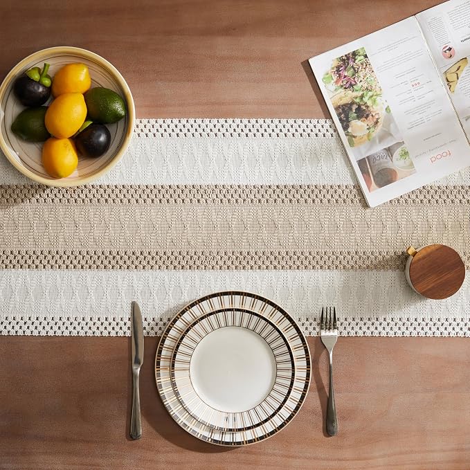 Macrame Style Bicolor Stitching Table Runner 14x36in Taupe | Woven Boho Table - Image 4