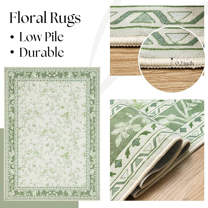 Green Area Rugs 6x9 Living Room Washable Boho Vintage Sketch Floral Sage Cream - Image 8