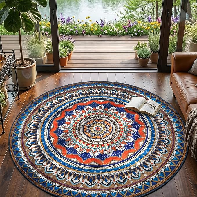 jinchan Mandala Round Rug 6ft Blue Rustic Boho Washable Rug Tribal 6' Round by JINCHAN