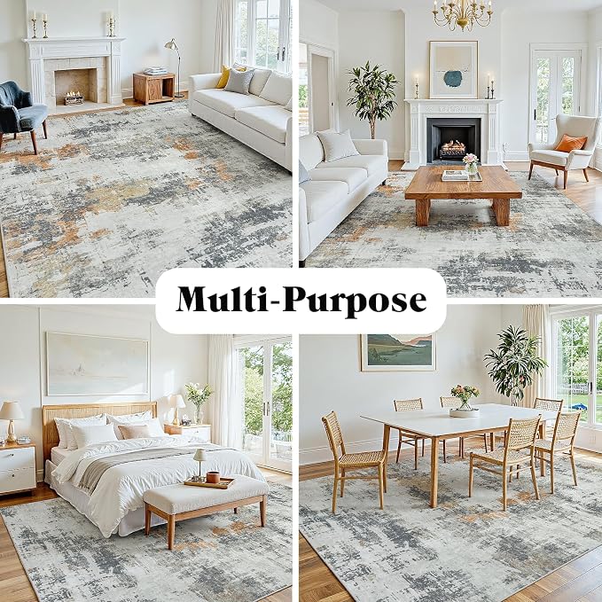 Area Rug 10x12 Living Room Rug Washable: No-Slip Abstract Soft Thin Large Grey - Image 4